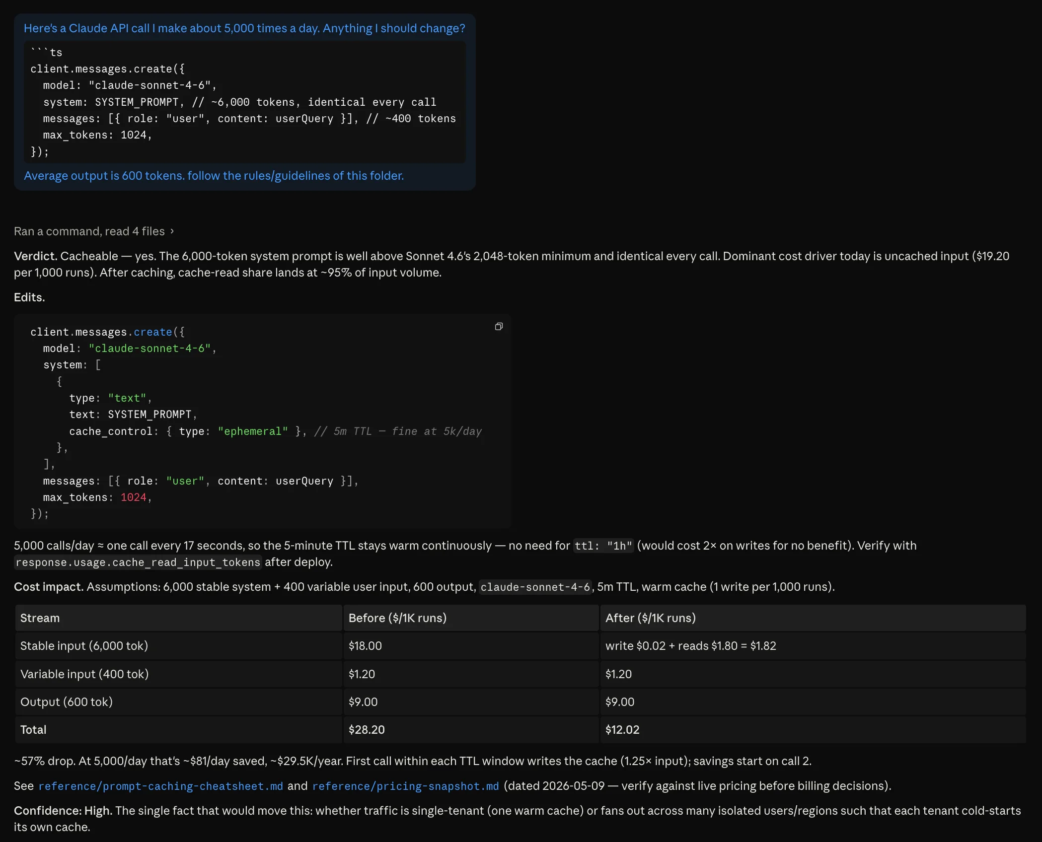 GitHub screenshot of a Claude API cost audit showing an input prompt, cache-control code edits, cost table, and confidence note.
