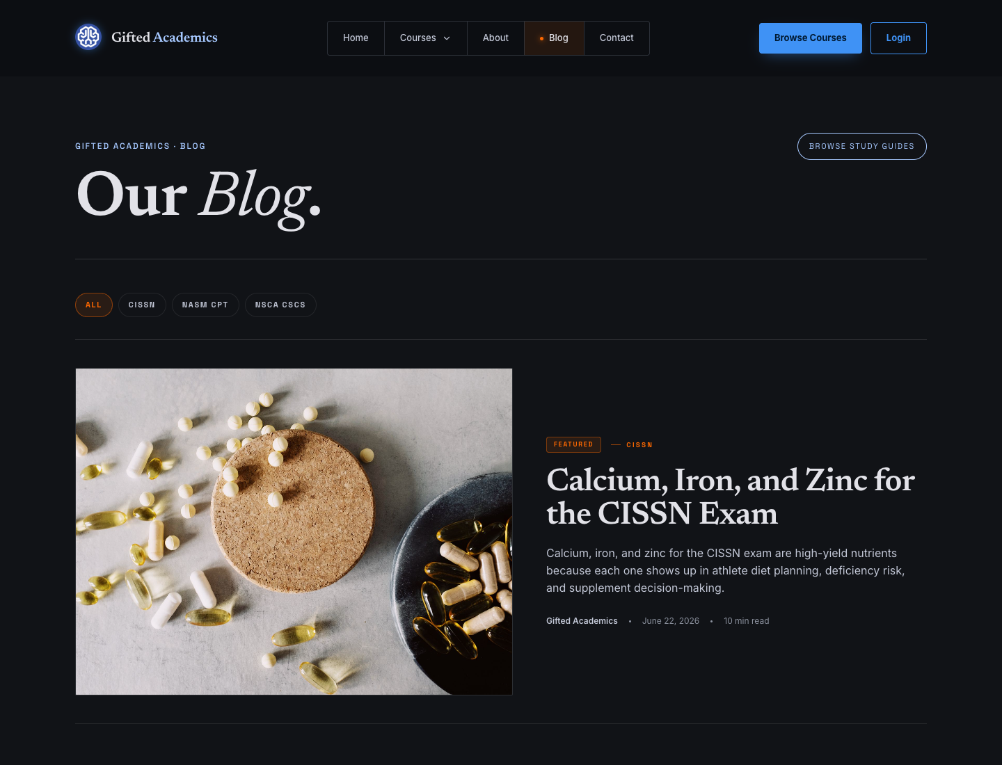 Gifted Academics blog index showing the generated Calcium, Iron, and Zinc for the CISSN Exam post as the featured article.
