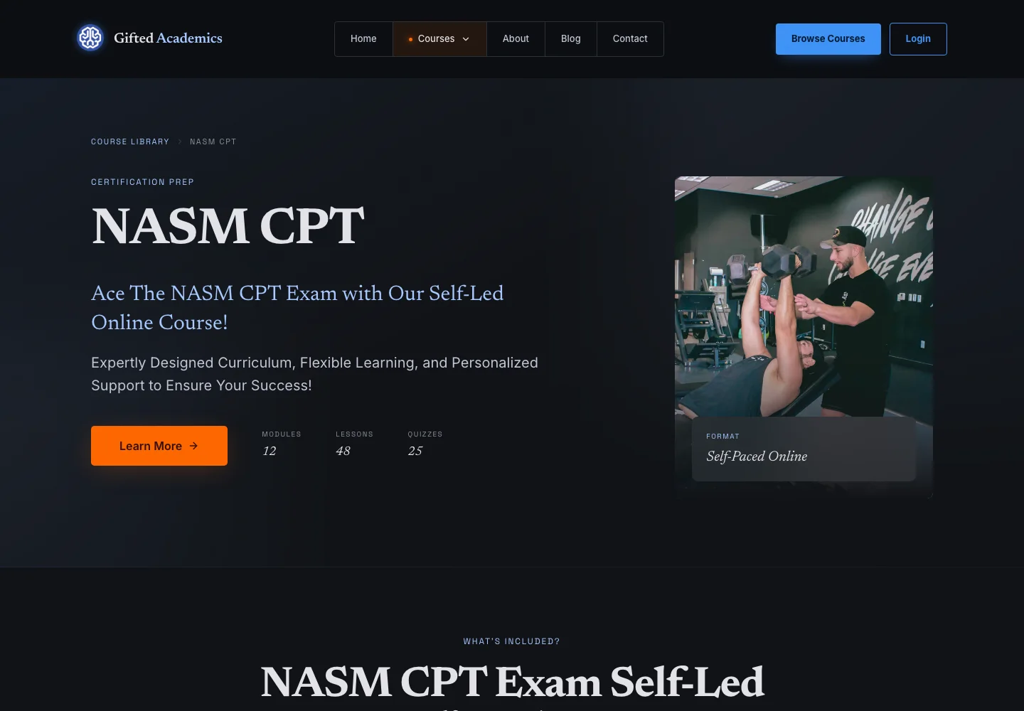 Gifted Academics public NASM CPT course page with course title, certification prep messaging, module counts, and course hero image.
