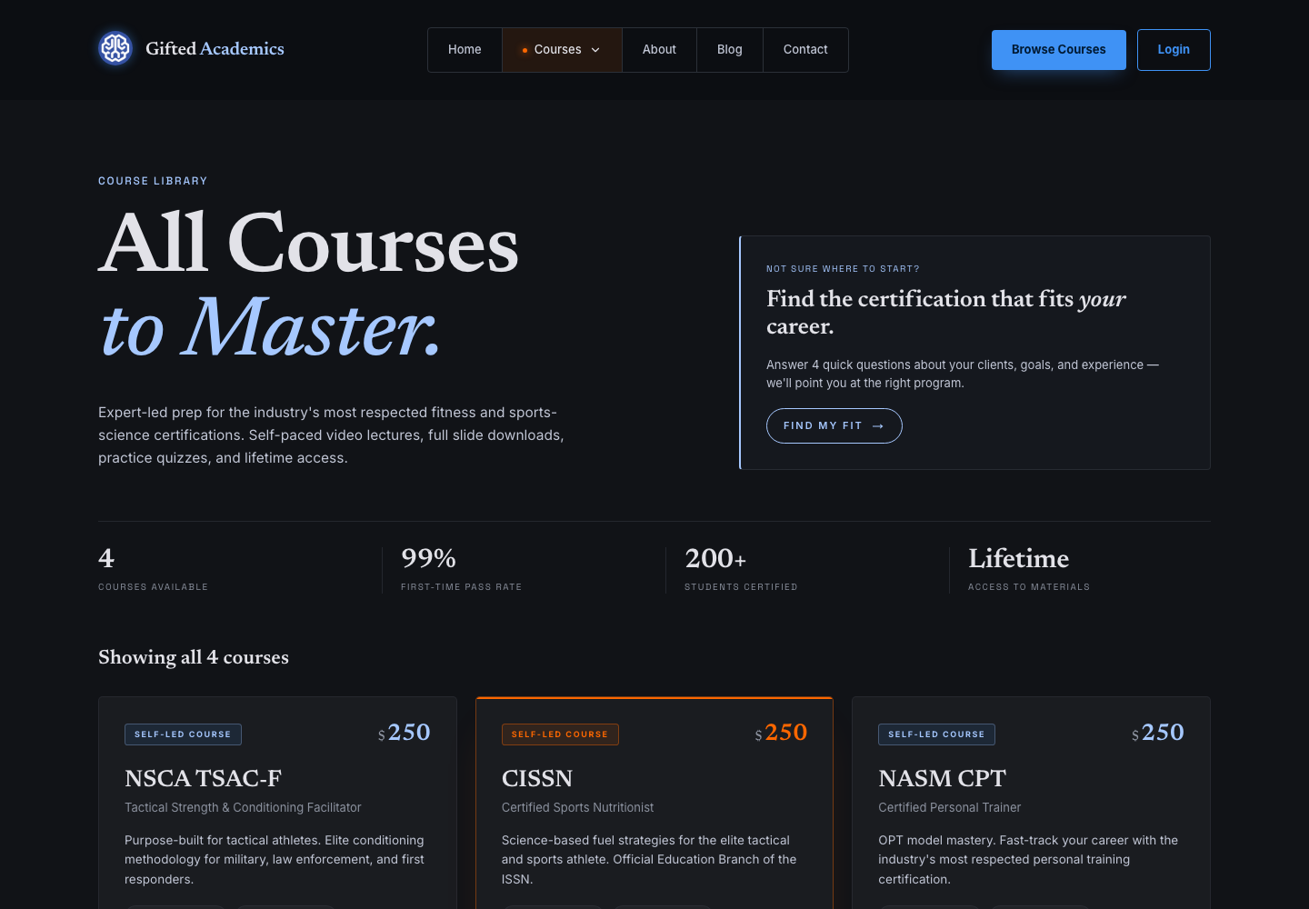 Gifted Academics course library page with course cards, stats, and a certification fit prompt.