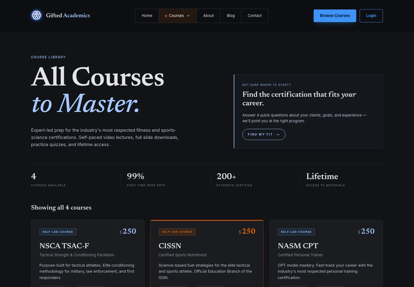 Gifted Academics course library page with course cards, stats, and a certification fit prompt.