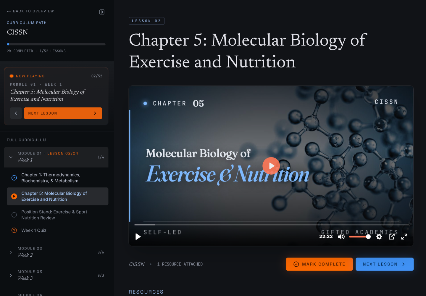Gifted Academics lesson page with video content, lesson navigation, completion status, and course progress controls.