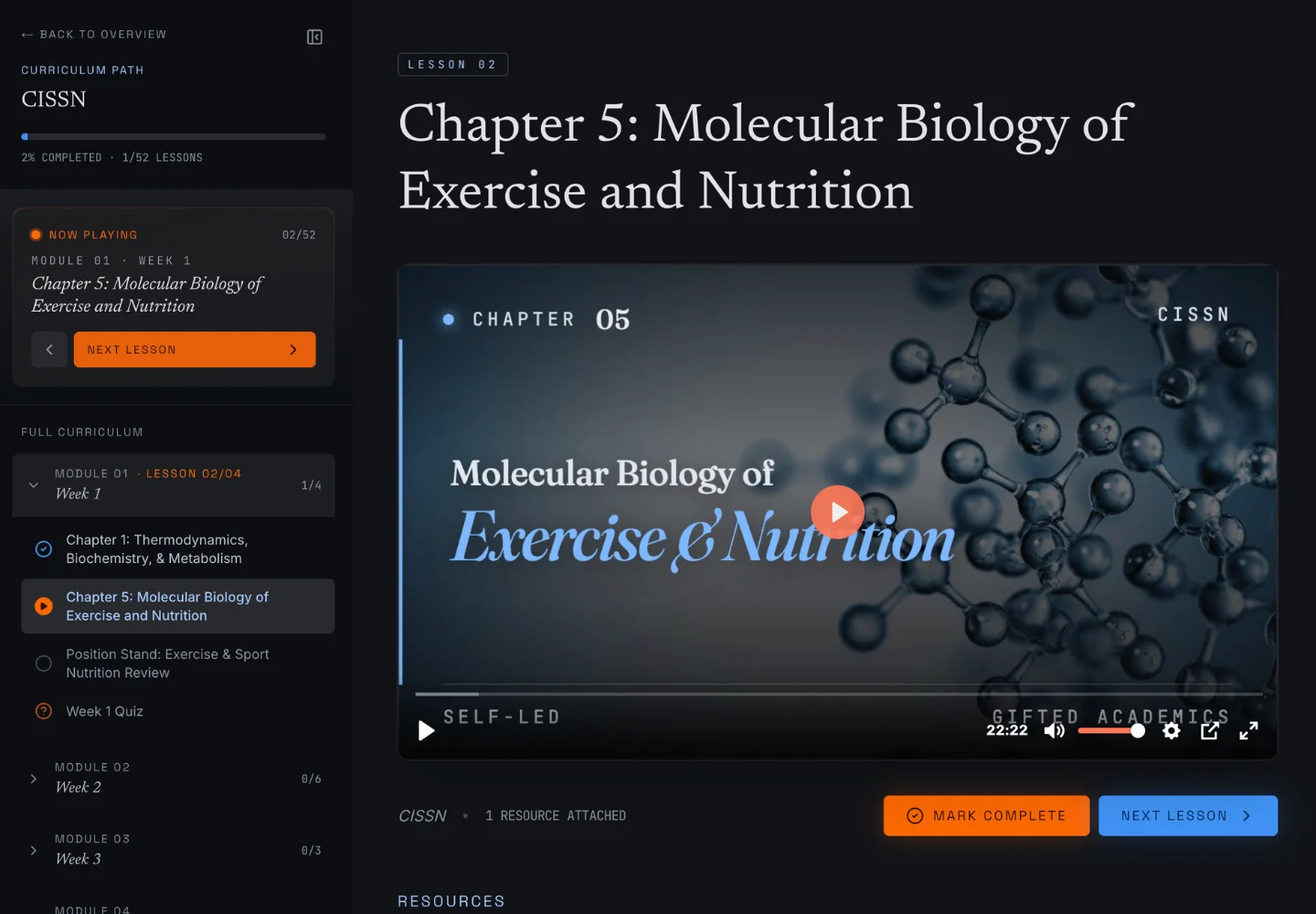 Gifted Academics lesson page with video content, lesson navigation, completion status, and course progress controls.