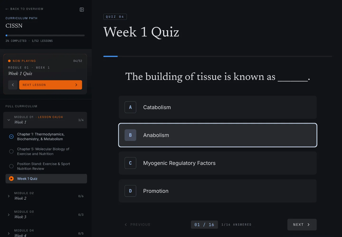 Gifted Academics quiz screen with a course question, answer options, progress indicator, and submission controls.