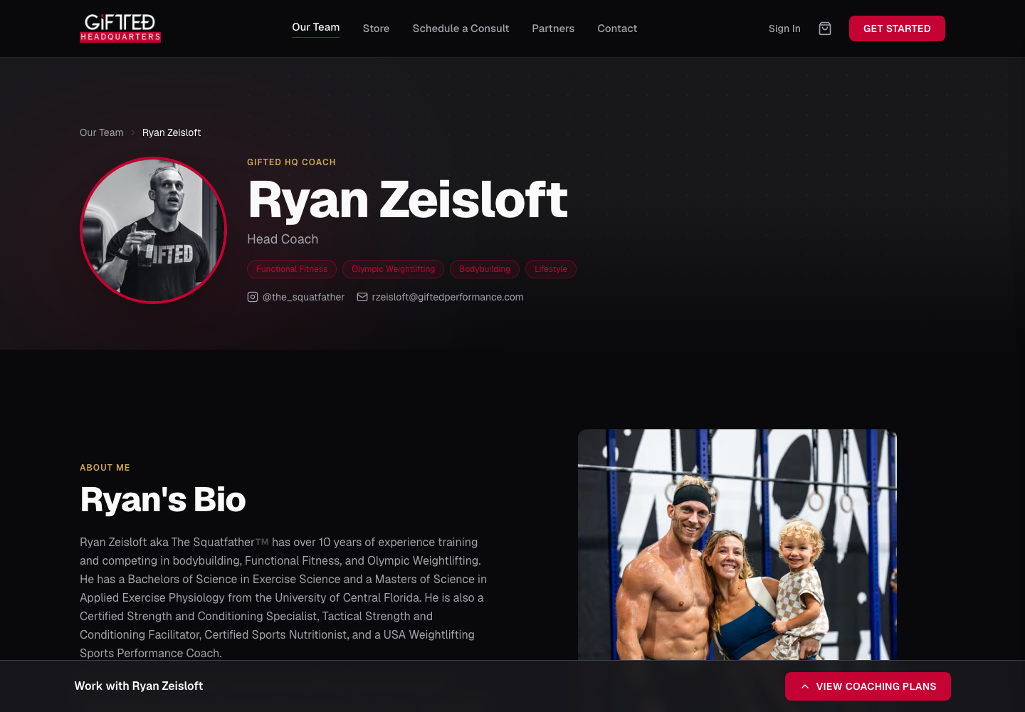 GIFTED Headquarters coach profile page for Ryan Zeisloft with coach details, specialties, bio, contact links, and coaching plan call to action.