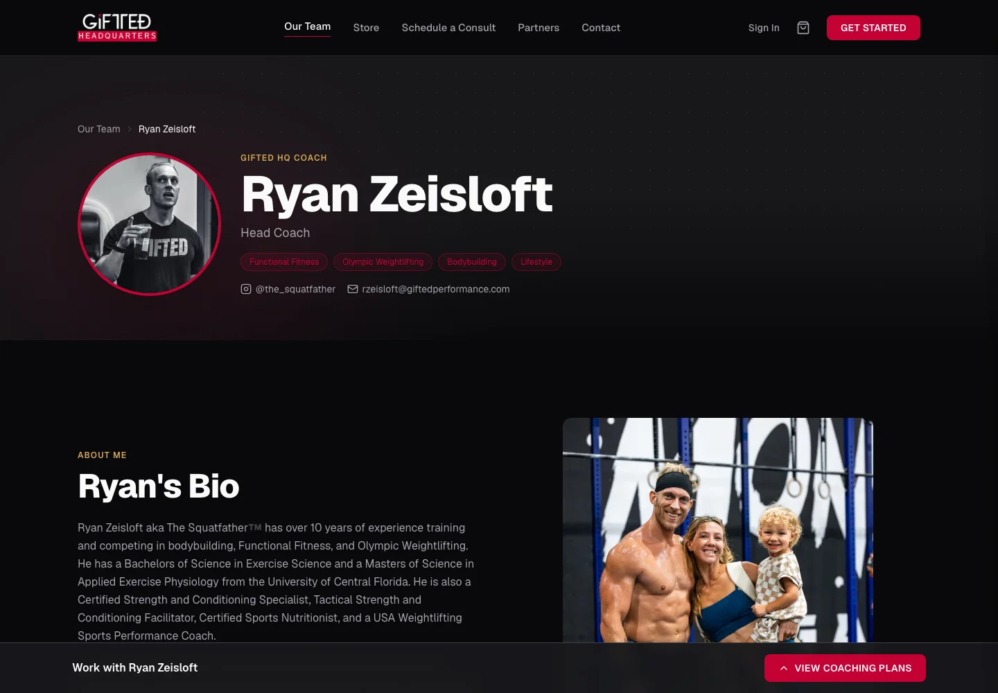 GIFTED Headquarters coach profile page for Ryan Zeisloft with coach details, specialties, bio, contact links, and coaching plan call to action.
