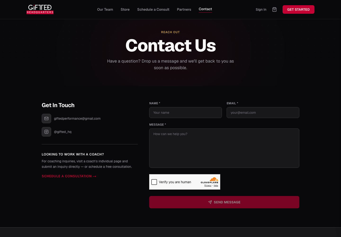 GIFTED Headquarters contact page with contact details, coaching inquiry link, message form, and verification challenge.