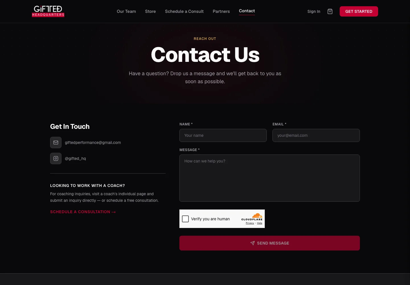 GIFTED Headquarters contact page with contact details, coaching inquiry link, message form, and verification challenge.