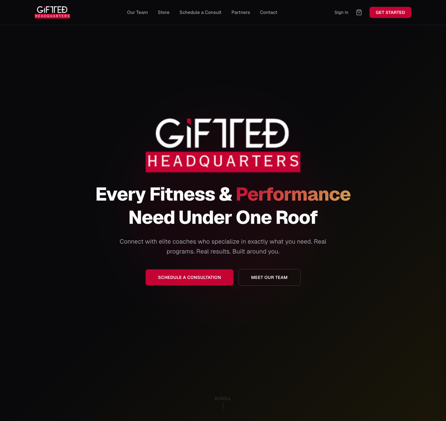 GIFTED Headquarters homepage with a dark hero, logo, consultation call to action, and navigation for team, store, partners, and contact.