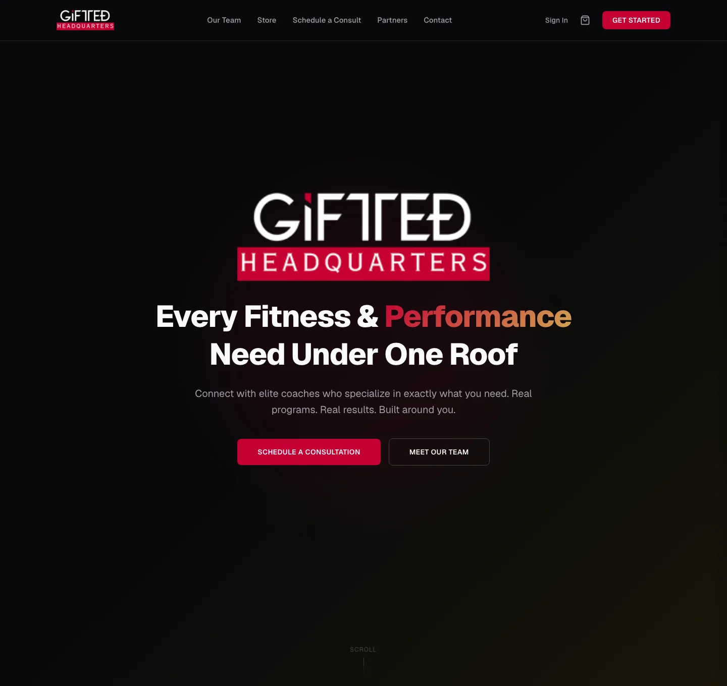 GIFTED Headquarters homepage with a dark hero, logo, consultation call to action, and navigation for team, store, partners, and contact.
