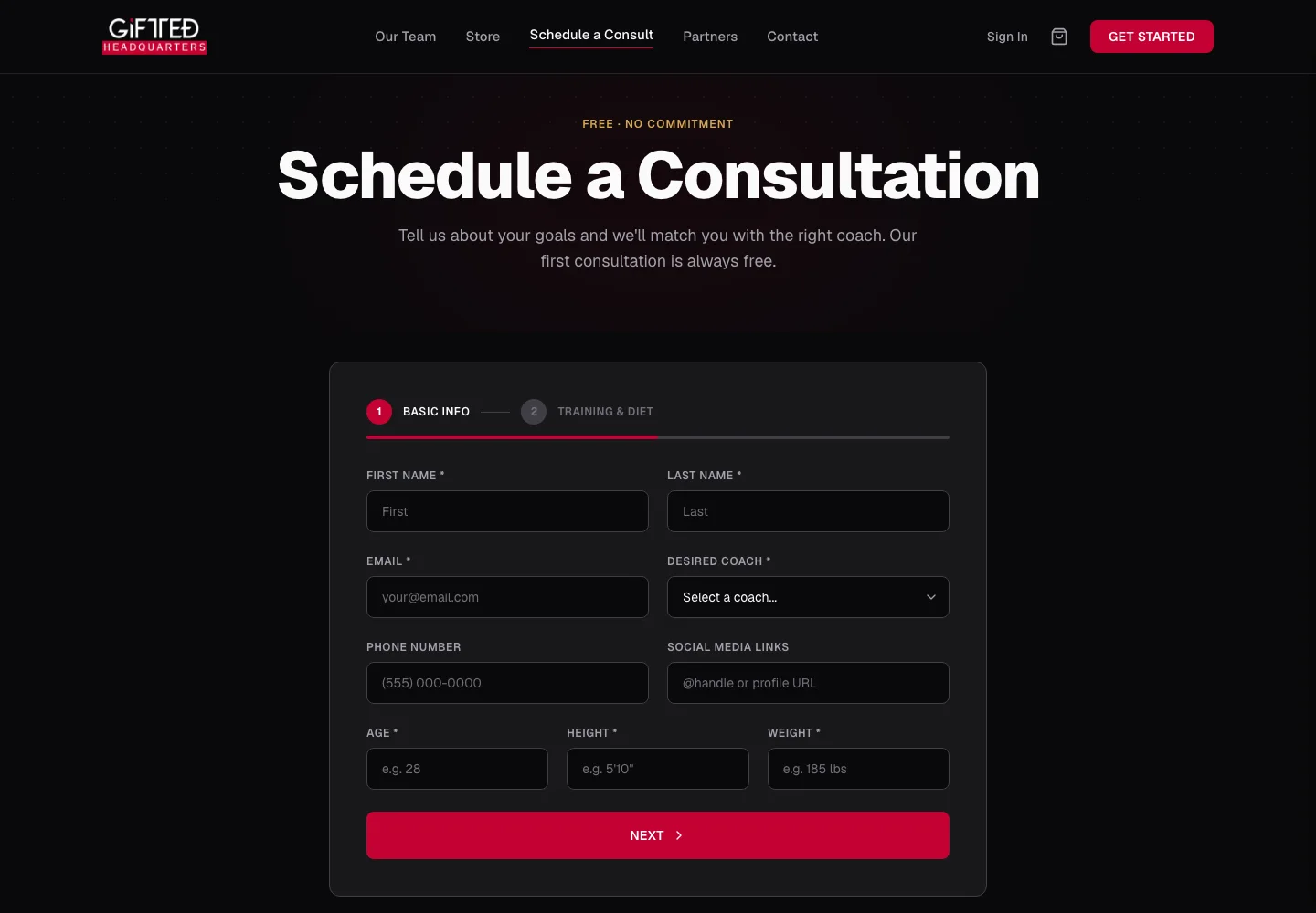 GIFTED Headquarters schedule consultation form with basic info fields, coach selection, and multi-step progress indicator.