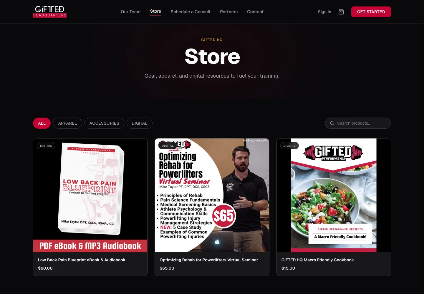 GIFTED Headquarters store page showing product filters, search, and a grid of digital training products.