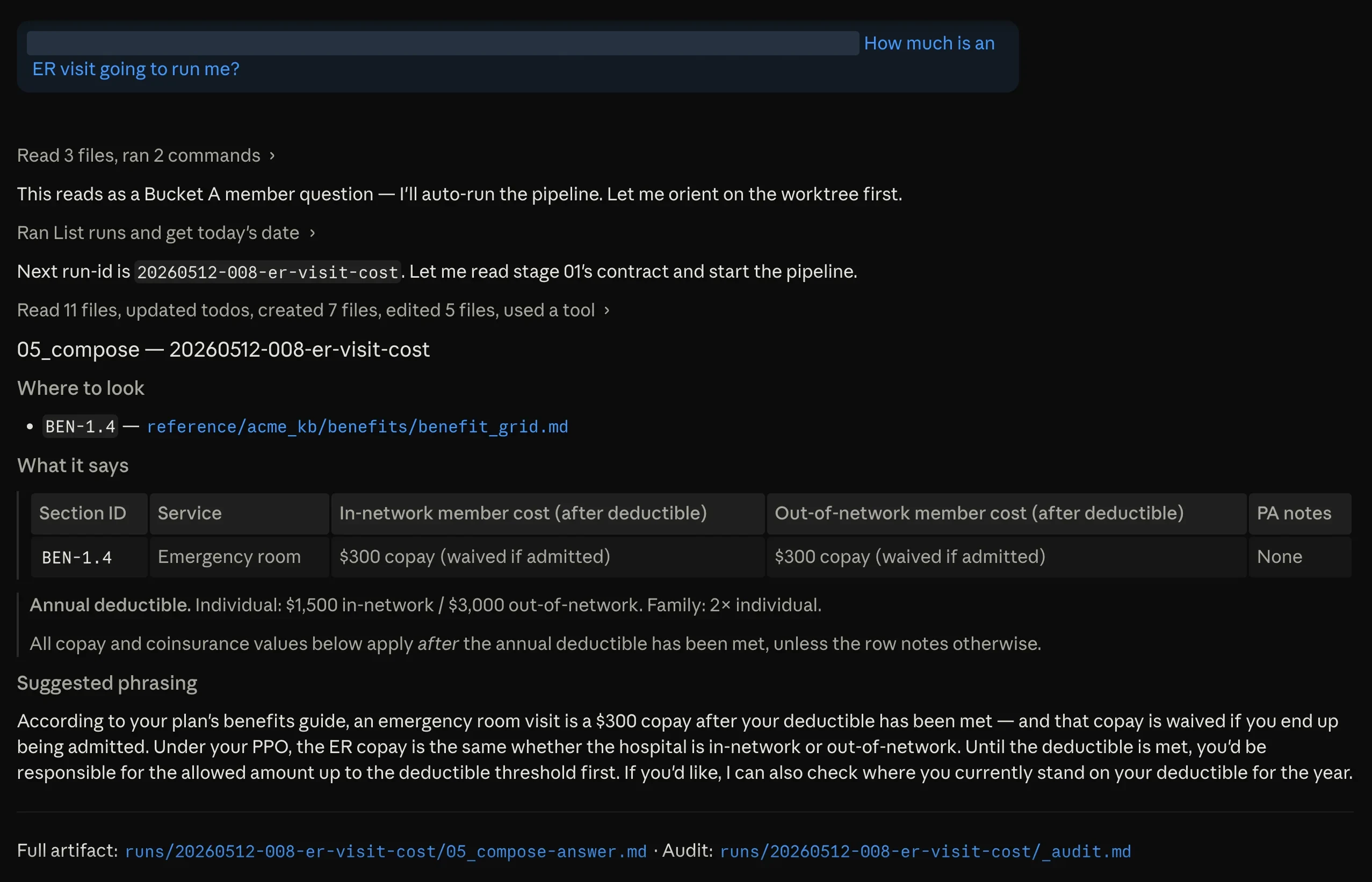 GitHub screenshot of a Healthcare Support Specialist run answering an emergency room visit cost question with a KB pointer, benefit grid quote, and suggested phrasing.