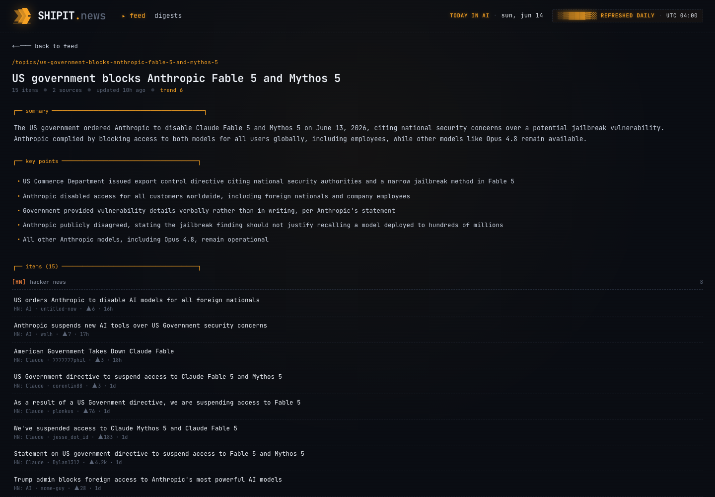 Shipit News topic detail page showing a generated summary, key points, and source item list.