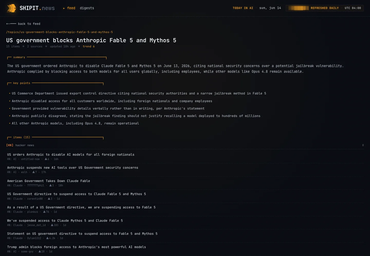 Shipit News topic detail page showing a generated summary, key points, and source item list.