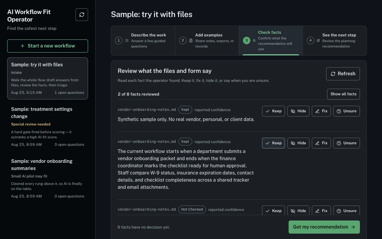 Evidence review screen listing facts extracted from an uploaded markdown file, each tagged reported confidence with keep, hide, fix, and unsure controls, above a counter reading two of eight facts reviewed.